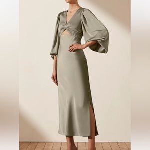 LUXE TWIST FRONT BALLOON SLEEVE MIDI DRESS - EUCALYPTUS - Shona Joy